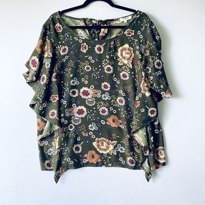 Umgee Floral Boho Tunic Top Womens medium Ruffle Sleeves Oversized